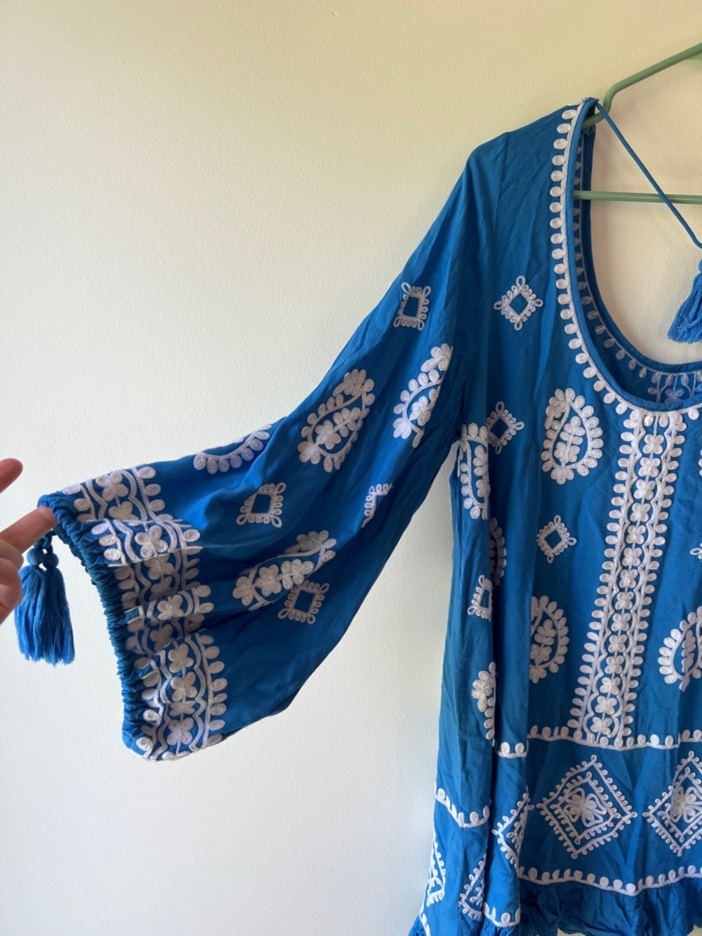 Elan Blue Embroidered Boho Tunic with Tassels